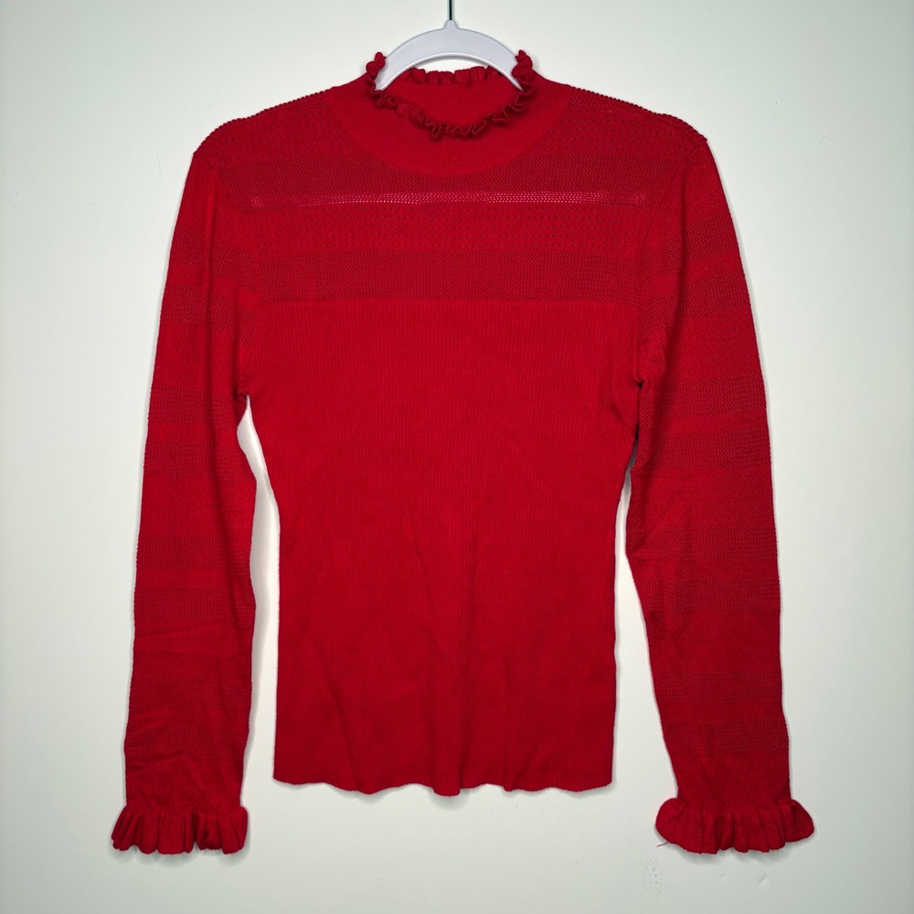 Almost Famous Red Ribbed Mock Neck Ruffle Knit Top XL Coquette Y2K Fairycore